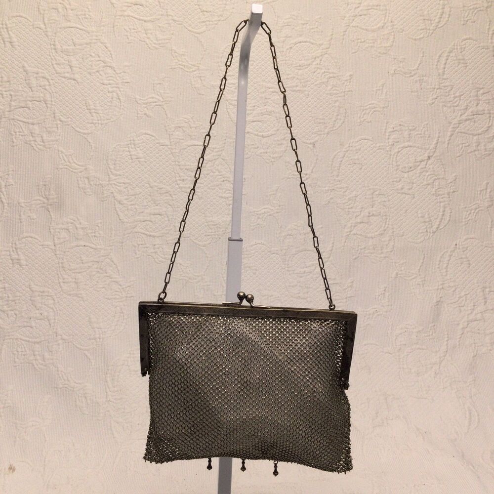 Art Deco Kiss Lock Flora Etched Tassel Droplet 1900 Antique German Silver Purse